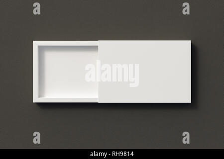 Blank opened white flat slide gift box on black leather background with clipping path around box Stock Photo