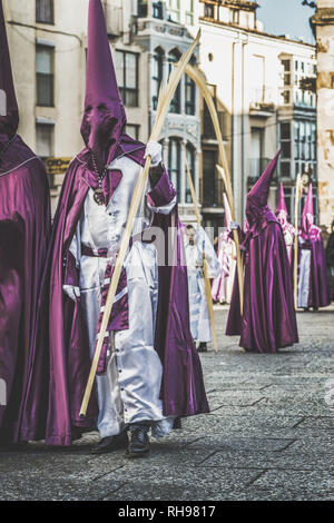 Religious brotherhoods parading in a procession in celebration of Easter in the historic center of the Zamora city, Spain. Holy Week in Zamora, Spain