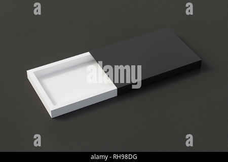 Blank opened black flat slide gift box on black leather background with clipping path around box Stock Photo