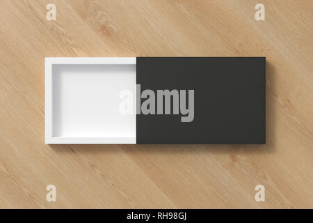 Blank opened black flat slide gift box on wooden background with clipping path around box Stock Photo