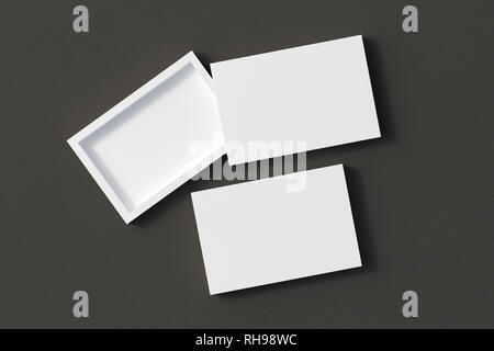 Blank opened and closed white flat slide gift box mock up on black leather background Stock Photo