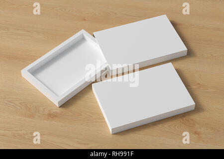 Blank opened and closed white flat slide gift box mock up on wooden background Stock Photo