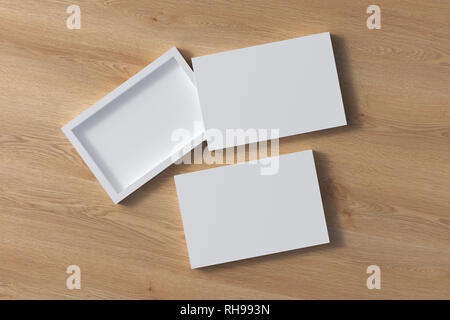 Blank opened and closed white flat slide gift box mock up on wooden background Stock Photo