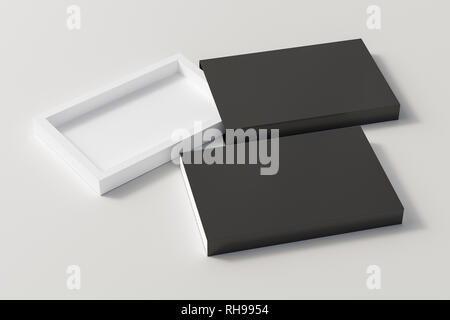 Blank opened and closed black flat slide gift box mockup on white background Stock Photo