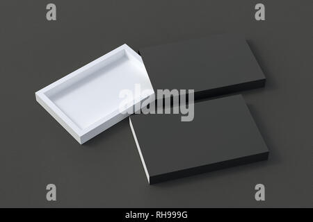 Blank opened and closed black flat slide gift box mockup on black leather background Stock Photo