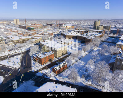 Lowell historic downtown aerial view in winter in Lowell, Massachusetts, USA. Stock Photo