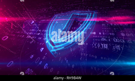 Cyber security abstract concept. 3D contour of shield icon on digital background. Computer safety symbol 3D illustration. Stock Photo