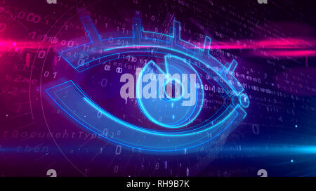 Cyber spy and surveillance in internet. Spying and tracking privacy in cyberspace with eye symbol on digital background 3D illustration. Stock Photo