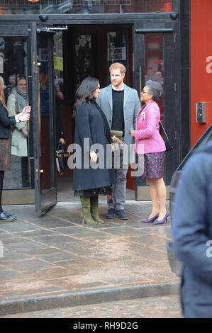 The Duke of Sussex 'Prince Harry' and Duchess of Sussex 'Meghan' seen during their visit to Bristol. Their Royal Highnesses met members of the public, as they arrived at the Bristol Old Vic. Stock Photo
