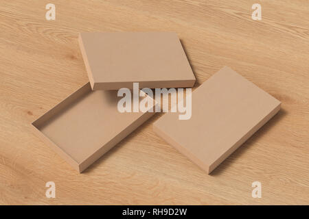 Blank open and closed carton flat gift box mock up on wooden background. With clipping path around box. Stock Photo