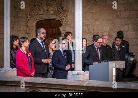 President Quim Torra is seen during the institutional declaration of the transfer of political prisoners to Madrid to be tried. President Quim Torra during the declaration has asked the international community and all entities of civil and human rights to add to the sentiment of the people of Catalonia in defense of the principles and values of a fairer, safer and freer future world. Stock Photo