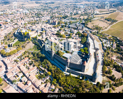 Aerial view of French fortified city of Carcassonne with medieval citadel in sunny autumn day Stock Photo