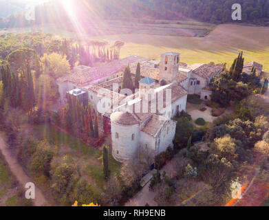 View from drone of ancient Romanesque monastery Sant Benet de Bagess, Catalonia, Spain Stock Photo