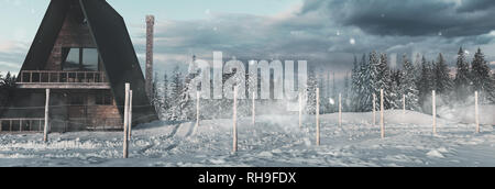 3d rendering of A-Frame wooden cabin in winter scenery with road and snow tracks Stock Photo