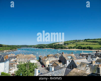 3 June 2016: Salcombe, Devon UK - The Kingsbridge Estuary and roof tops of Salcombe on a warm and sunny spring day with clear blue sky. Stock Photo