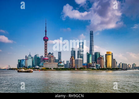 1 December 2018: Shanghai, China - The Huangpu River and the skyline of the Pudong district, Shanghai. Stock Photo