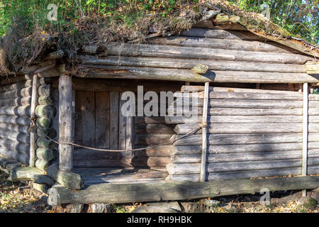 Old wooden log crib dwelling of the ancient tribe of Latgallians in a