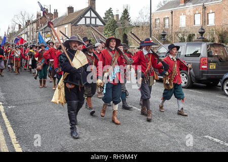 Members of the Sealed Knot march down Welsh Row at the 2019 re-enactment of the battle of Nantwich Stock Photo