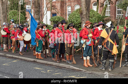 Members of the Sealed Knot preparing to march down Welsh Row in Nantwich at the start of the 2019 Battle of Nantwich re-enactment Stock Photo