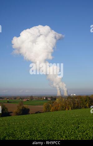 Mushroom-shaped cloud over the cooling towers of the Gundremmingen nuclear power plant, Bavaria, Germany Stock Photo