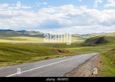 asphalt road Darkhan-Ulaanbaatar in Mongolia, beautiful Mongolian landscape, Aymak Tuve Stock Photo