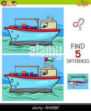 Cartoon Illustration of Finding Five Differences Between Pictures Educational Game for Children with Container Ship Stock Vector