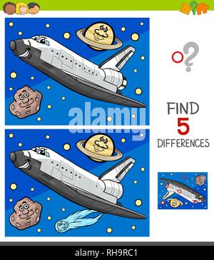 Cartoon Illustration of Finding Five Differences Between Pictures Educational Game for Children with Space Shuttle Stock Vector