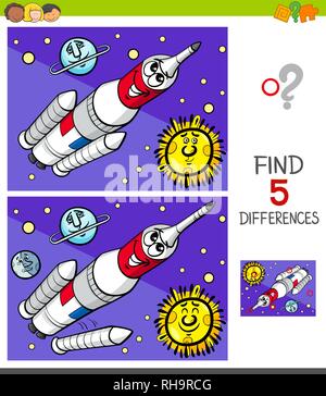 Cartoon Illustration of Finding Five Differences Between Pictures Educational Game for Children with Space Rocket Stock Vector