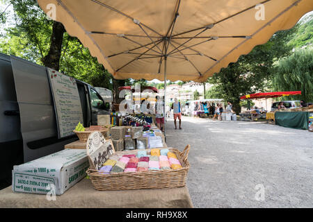 Market place at Pont-en-Royans, France Stock Photo