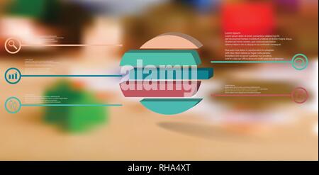 3D illustration infographic template. The embossed ring is divided to five color shifted parts. Object is arranged on blurred photo background. Color  Stock Vector