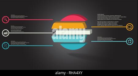 3D illustration infographic template. The embossed ring is divided to five color shifted parts. Object is arranged on grey dark background. Color line Stock Vector