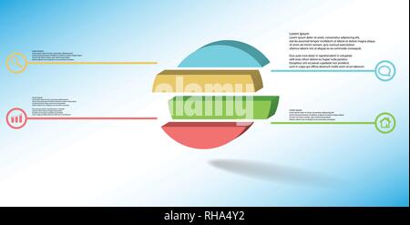 3D illustration infographic template. The embossed ring is divided to four color shifted parts. Object is arranged on blue white background. Color lin Stock Vector
