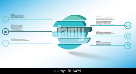 3D illustration infographic template. The embossed ring is divided to six color shifted parts. Object is arranged on blue white background. Color line Stock Vector