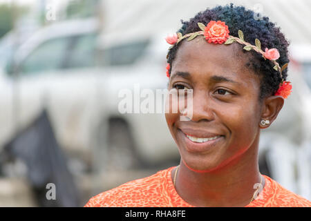 Montego Bay, Jamaica - February 13 2016: Shelly Ann Fraser Pryce after anchoring and winning the 4x100M Relay at the 2016 Milo Western Relays Stock Photo