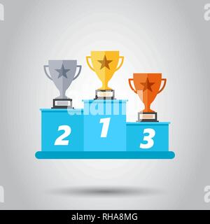 Winners podium with trophy icon in flat style. Pedestal illustration on white background. Gold, silver and bronze award sign concept. Stock Vector