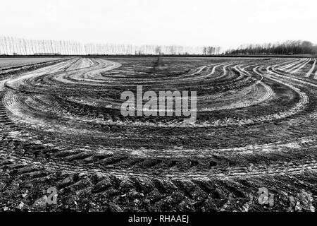 Imprints circles of tractor tires on ground field Stock Photo