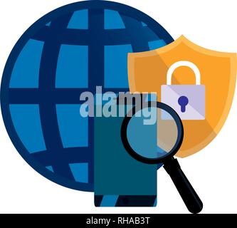 world cellhpone analysis shield protection digital copyright vector illustration Stock Vector