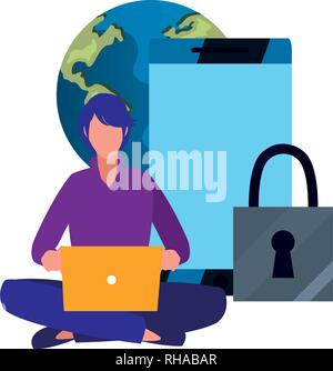 businessman laptop mobile world security copyright vector illustration Stock Vector