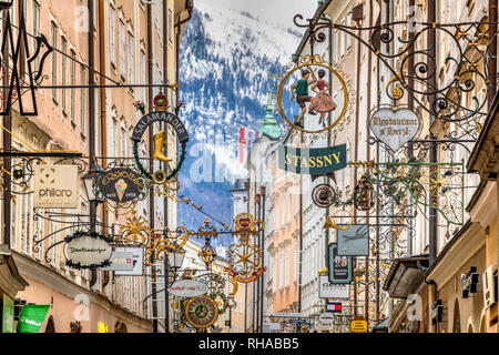 Guild signs, Getreidegasse pedestrian mall, Salzburg, Austria Stock Photo