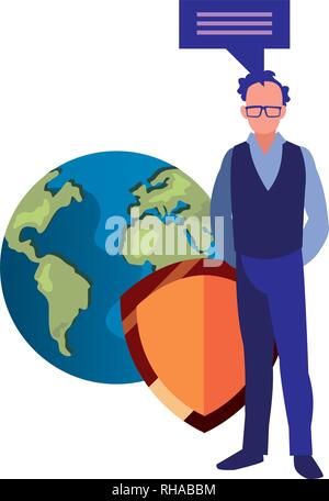 businessman world shield protection copyright of intellectual vector illustration Stock Vector
