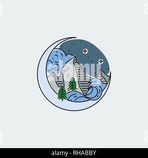 Night mountains. Nature exploration vector vintage poster. Modern flat linear vector illustration. Retro wildlife postcard with stars and forest Stock Vector