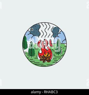 Night camp with fire and barbecue. Nature exploration vector vintage poster. Modern flat linear vector illustration. Retro wildlife postcard Stock Vector
