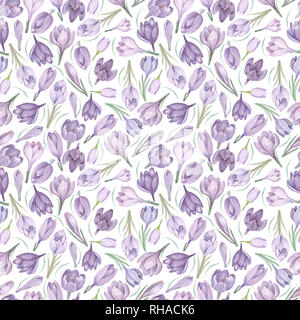 Spring saffron on white watercolor seamless pattern. Violet flowers hand painted watercolor seamless background. Stock Photo