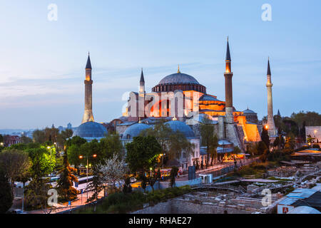 Istanbul, Turkey : High angle view of Hagia Sophia illuminated at dusk. Hagia Sophia was the former Greek Orthodox cathedral, and later Ottoman imperi Stock Photo