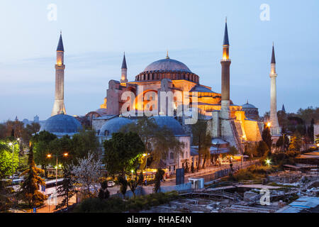 Istanbul, Turkey : High angle view of Hagia Sophia illuminated at dusk. Hagia Sophia was the former Greek Orthodox cathedral, and later Ottoman imperi Stock Photo