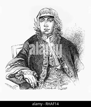 Portrait of Sir John Fielding (1721-1780), English magistrate and social reformer of the 18th century. Despite being blinded aged19, John studied law with his half-brother and chief magistrate Henry Fielding.  John Fielding was known as the 'Blind Beak' for his ability to identify criminals by the sound of their voices. He root out corruption and improved justice in London. They formed the first professional police force, the Bow Street Runners, circulated the Police Gazette with descriptions of known criminals and established the first police criminal records department. Stock Photo