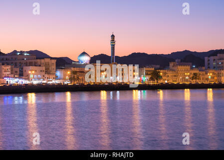 Harbour waterfront of Mutrah (old Muscat) in Oman with Masjid Al Rasool Al A'dham Stock Photo