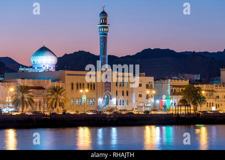 Harbour waterfront of Mutrah (old Muscat) in Oman with Masjid Al Rasool Al A'dham Stock Photo