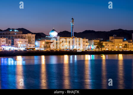 Harbour waterfront of Mutrah (old Muscat) in Oman with Masjid Al Rasool Al A'dham Stock Photo