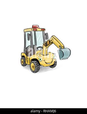 Illustration of a yellow cartoon digger in situation by Matt Corrigan Stock Photo